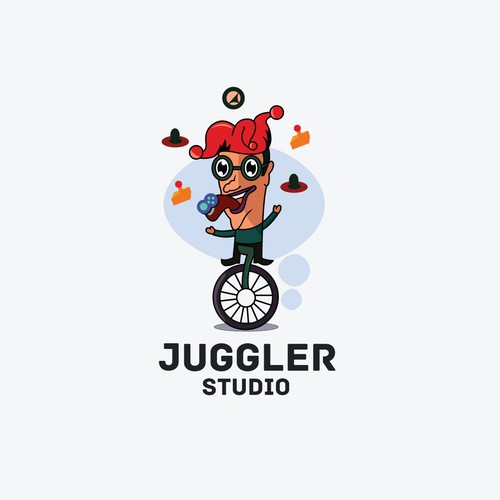 Funny logo for a video game developer with an Harlequin character.
