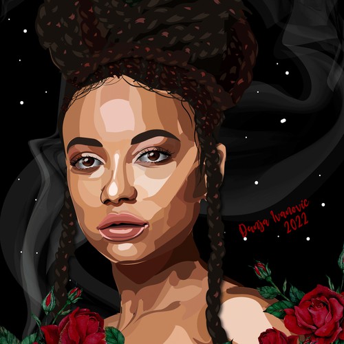 An illustration of a beautiful woman & roses in the night