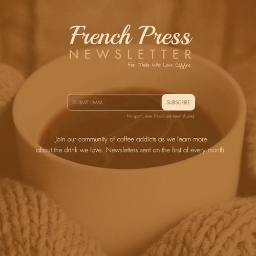 Landing page for coffee newsletter