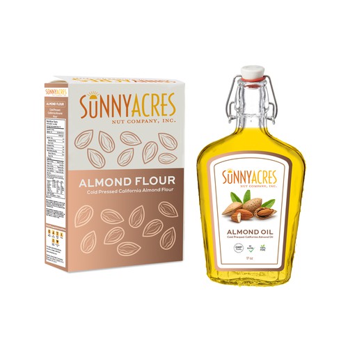 Almond oil bottle label and flour package