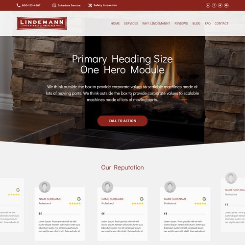 Home page template for regional chimney and fireplace company. 