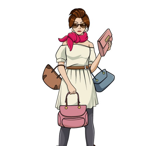 Create a illustration of a fashion orientated female who loves her handbags..