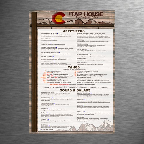 Tap House Bar and Grill rustic menu