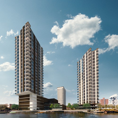 Aerial and eye view renderings of residential complex