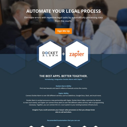 Landing page design for Docket Alarm