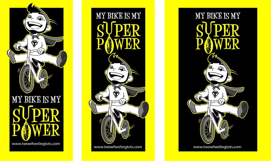 Create an illustration of a toddler acting like a super hero on a balance bike for use on a T-shirt