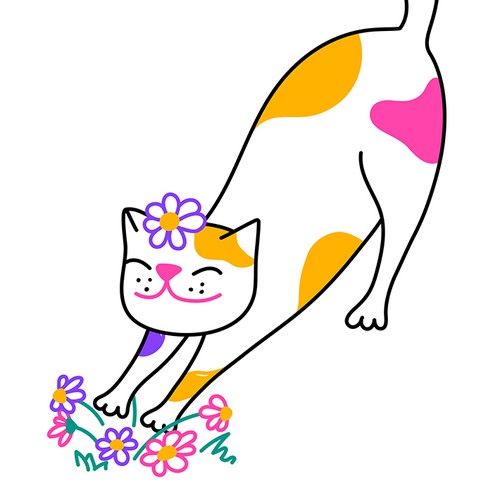 Happy cat stretching on the flower lawn