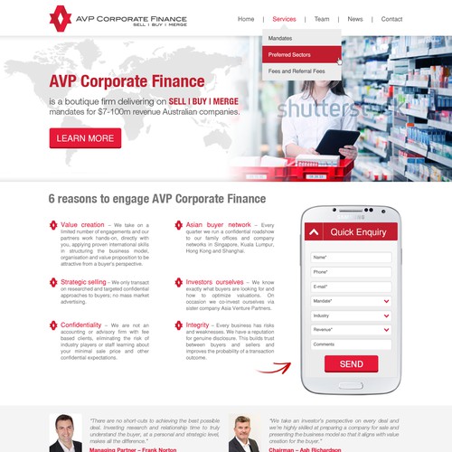 Web site design for AVP Corporate Finance (home page and a level 2 page)