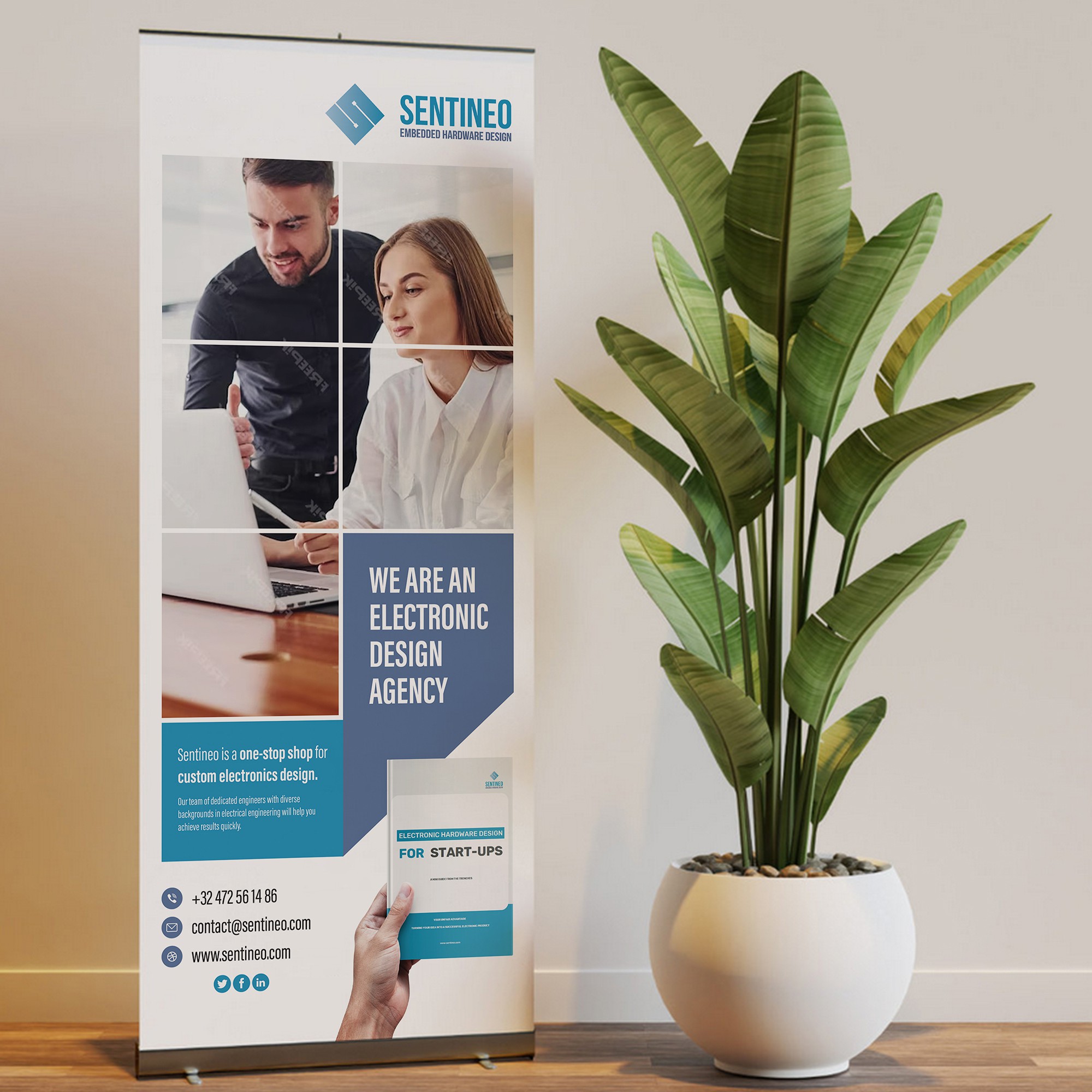 Design of a roll-up banner for a trade-fair introducing our Electronic Design Agency!