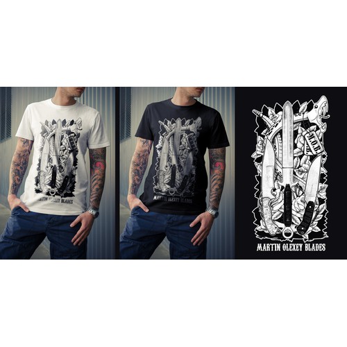 Create a T-Shirt design that conveys the aggressive design style of a custom Knife Maker!