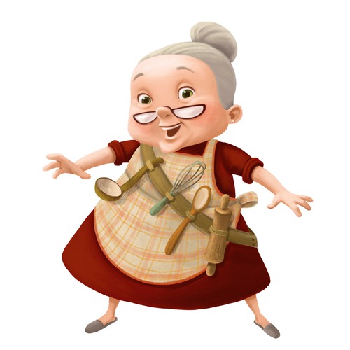 Create  an illustration of a grandma for a chutney label 