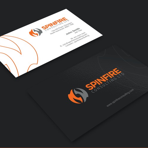 Bold logo and business card design for Spinfire Consulting. 