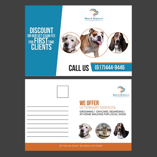 Dog care service postcard to advertise veterinary clinic