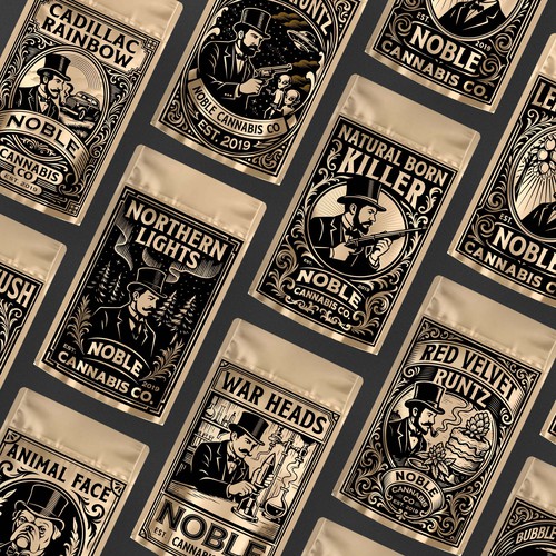 Refined AI-Generated Artwork for Mylar Bag Labels for Noble Cannabis Co.