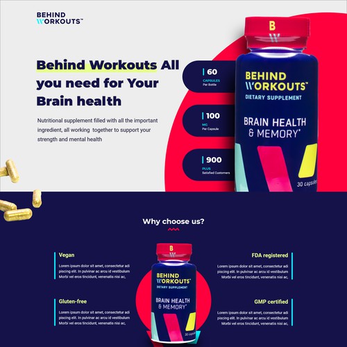 Supplement Brand landing page design Behind Workouts 