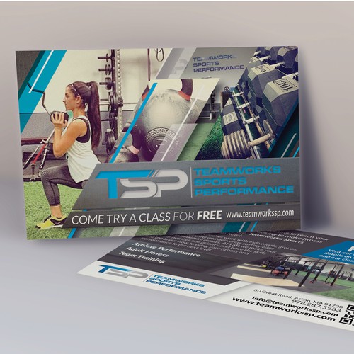 Create a small postcard design for Teamworks Sports Performance