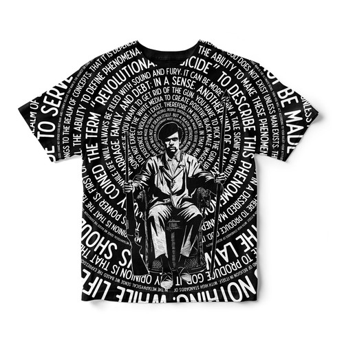 Black and White Artwork of Huey P. Newton Sitting with Empowering Quote Typography