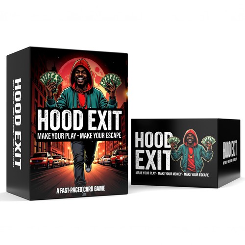 Hood EXIT card game box packaging