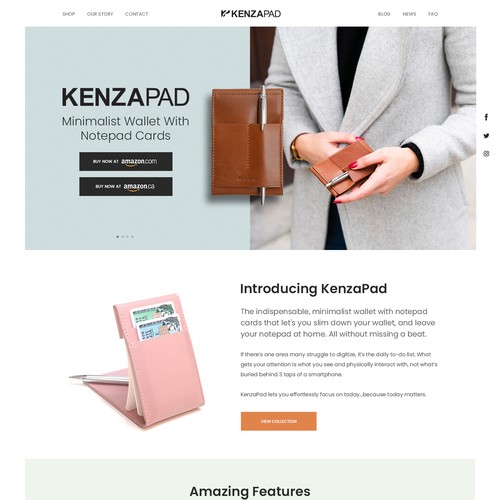 Minimalist & Sophisticated landing page for KenzaPad, which is a minimalist wallet with integrated notepad and sell the product on Amazon.