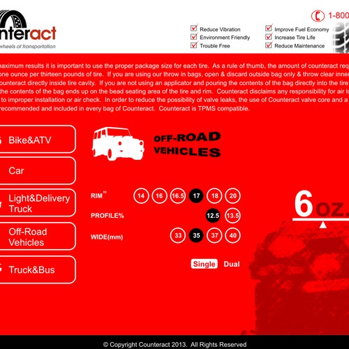 Web-App single page Tire Size Application chart