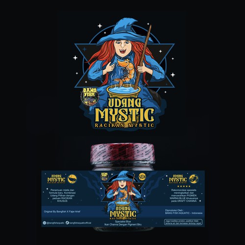 Mystic Witch Mascot Logo & Label Design for Fish Food Packaging