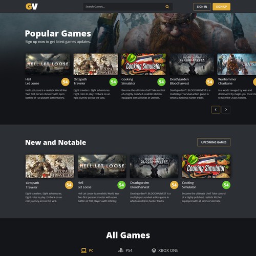 Landing page of a video game review website