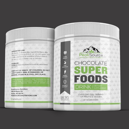 Product Label for Chocolate Super Foods Drink Container