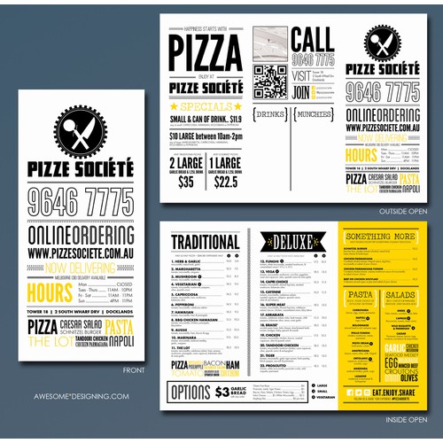 Create a clean, clever, innovative pizza flyer design for PIZZE SOCIÉTÉ