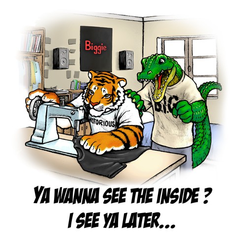 Tiger and Crocodile sewing a T-shirt