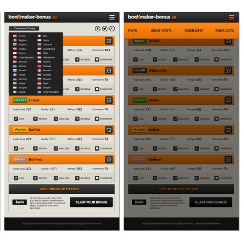 Betting website mobile layout