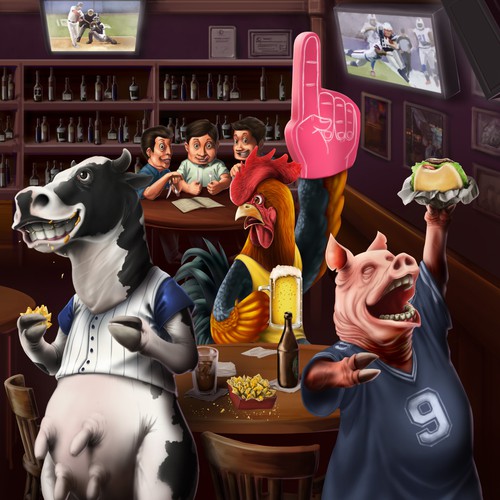 Funny Cartoon Illustration - Cow, Pig and Chicken in a Bar