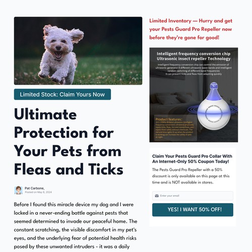 Landing Page for a pet protection device