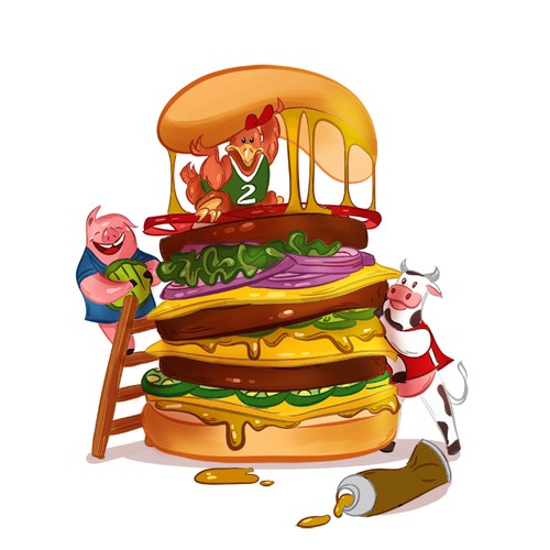 Cartoon Illustration - Farm Animals Building a Hamburger