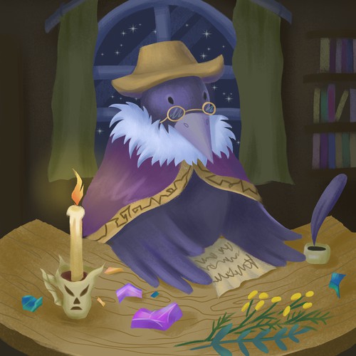 Children's illustration with a wizard raven