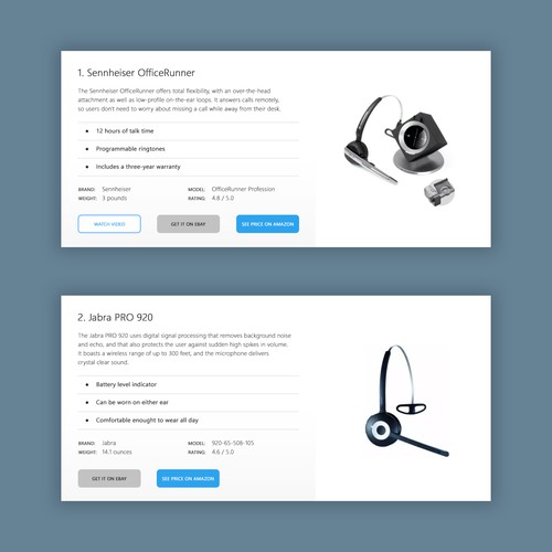 Redesign idea for a product section of a website.