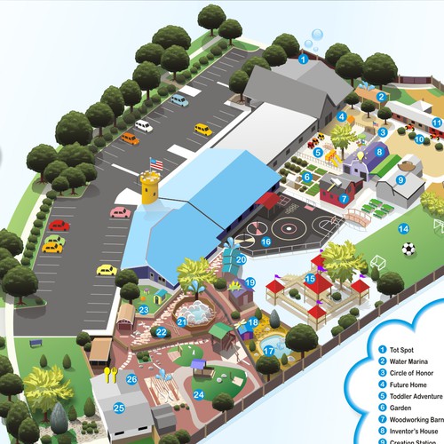 Childcare center needs a fun theme-park style map illustration