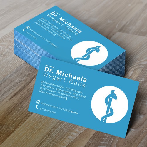 Create a business card that shows strong motivation towards thepatients and give impression he/she is cared for