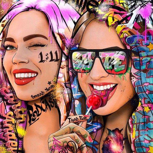 Portrait of Two Girls in Pop Art Graffiti Style