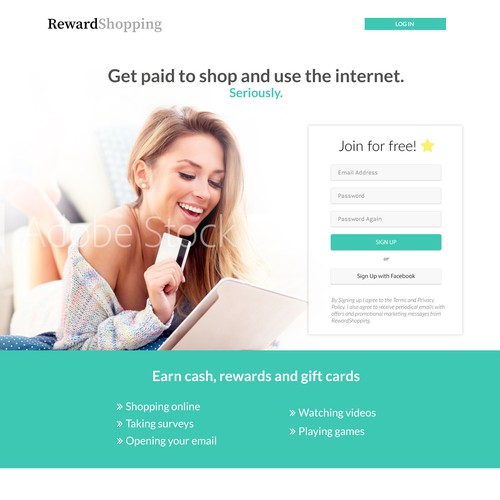 Landing page for Reward Shopping
