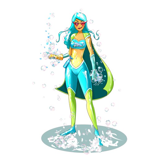 Female superhero mascot named super bubbles for car wash