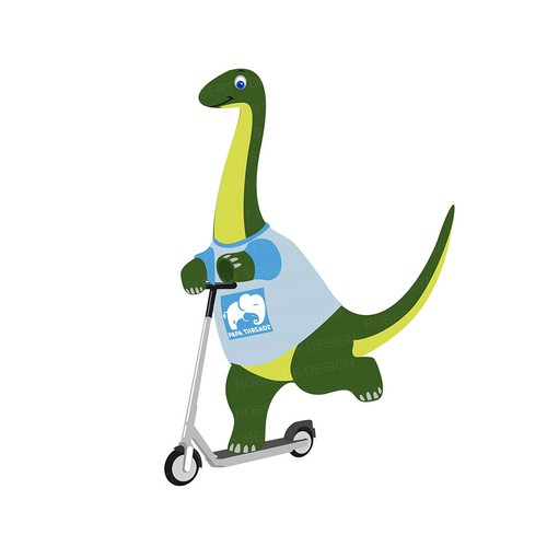 Diplodocus character riding a scooter