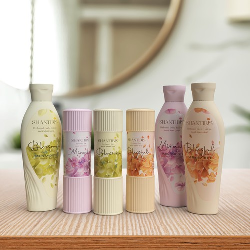 Shantiris Body Lotion and Talc packaging design