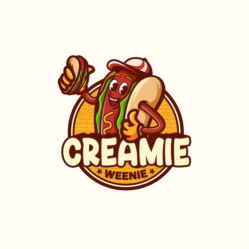 Cartoon hot dog mascot logo design for creamie weenie