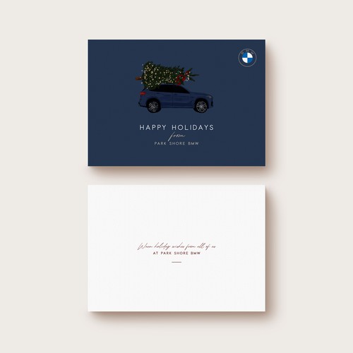 Holiday card with a Car illustration with a Christmas tree on the roof