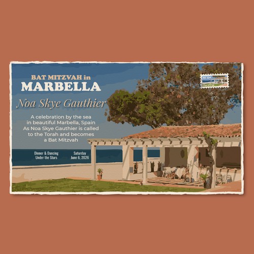 Vintage Postcard Bat Mitzvah invitation for Marbella Bat Mitzvah