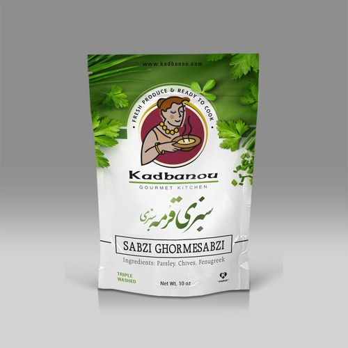Design a stand up pouch design for fresh frozen herbs and vegetables for Kadbanou.
