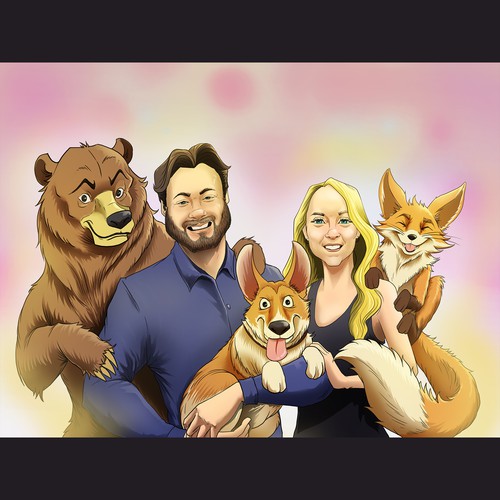 Character Illustration (anime style) - wedding gift for friends - Man & Wife with bear, fox, and corgi!