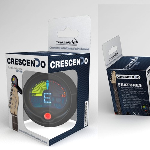 Create a packaging design for the Crescendo EMT-300 Guitar Tuner