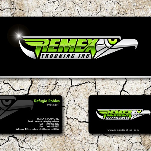 Create the next logo and business card for remex trucking