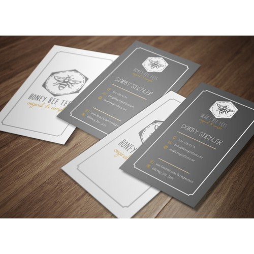 Clean, simple, vertical orientation business card design for Honey Bee Tees.